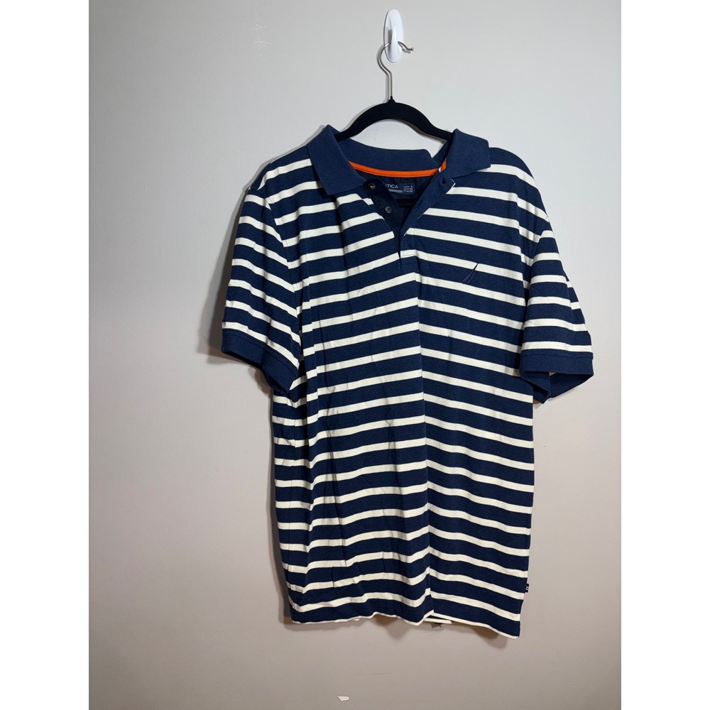 Nautica Mens XL Polo Shirt Navy Blue White Striped Short Sleeve Pique Knit‎ Logo